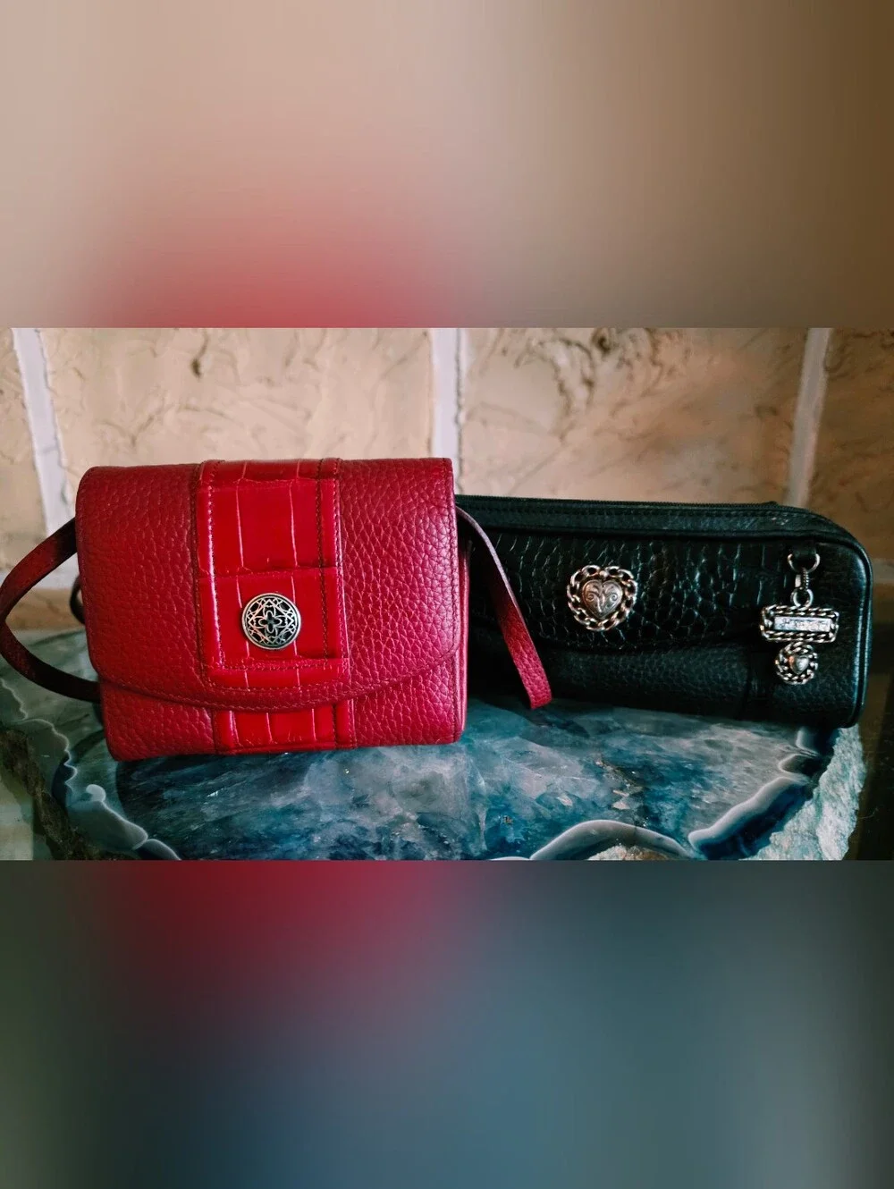 Brighton Red Leather Crossbody Wallet for Women -and Make Up Brush Bag